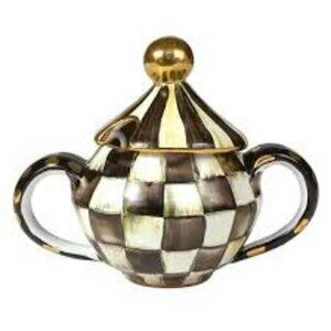 Mackenzie Childs Checkered Sugar Bowl with Gold Accents NEW